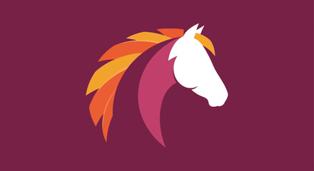 Stylized white horse head with orange mane on purple. © Nemanca