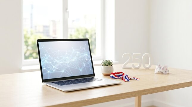 Laptop with digital network screen on desk with 250 milestone sign and ribbon celebrating business growth achievement or reaching a quarter thousand goal in modern office