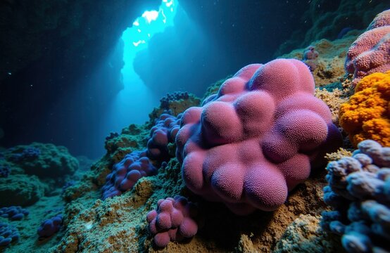 Vibrant purple, orange sea sponges grow on rocks inside dark underwater cave. Sunlight streams through surface opening into deep blue sea water. Unique marine ecosystem thrives in Black Sea grotto.