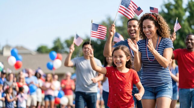 Happy diverse family celebrating patriotic holiday with American flags at outdoor parade, young girl and mother smiling, community event concept, summer celebration