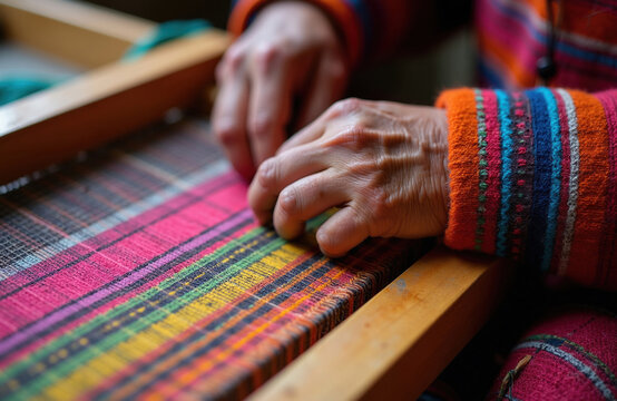 Mapuche weaver creates colorful fabric on traditional wooden loom. Indigenous artisan hands work with vibrant textile thread pattern. Native Chilean woman uses manual weaving technique for handmade