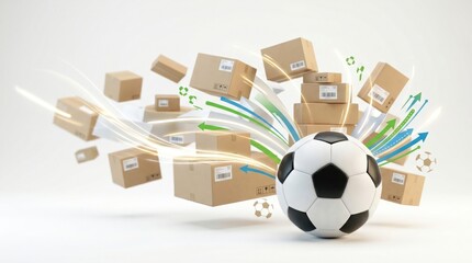 Soccer ball with flying cardboard shipping boxes representing global sports equipment delivery logistics and fast e-commerce distribution services concept
