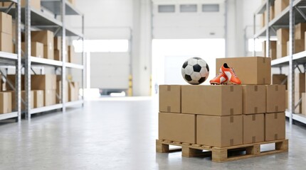 Sports equipment logistics in warehouse, soccer ball and cleats on cardboard boxes pallet, e-commerce distribution center for athletic gear, online retail shipping concept
