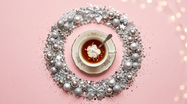 Coffee cup inside silver bauble wreath on pink background perfect for elegant holiday morning concepts and feminine seasonal lifestyle marketing