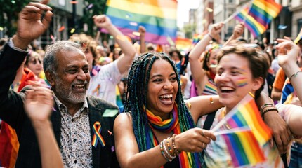 Fototapeta premium Diverse group of happy people celebrating at a pride parade, multi-generational friends holding rainbow flags, LGBTQ community joy and inclusion, equality and diversity concept