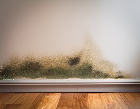 mold growing on wall near baseboard in a room with wood floors during daylight hours