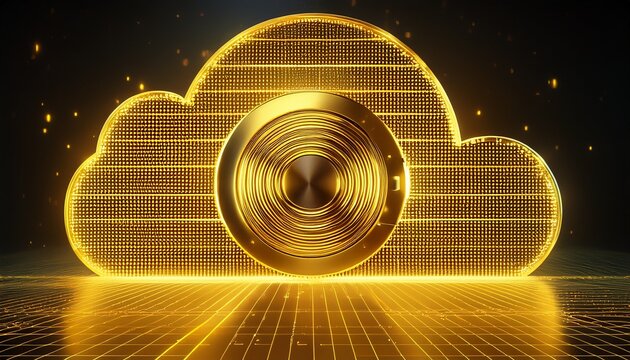 cloud vault tech business forward big data cybersecurity global reach networking communications yellow digital cloud concept graph 3d ai render