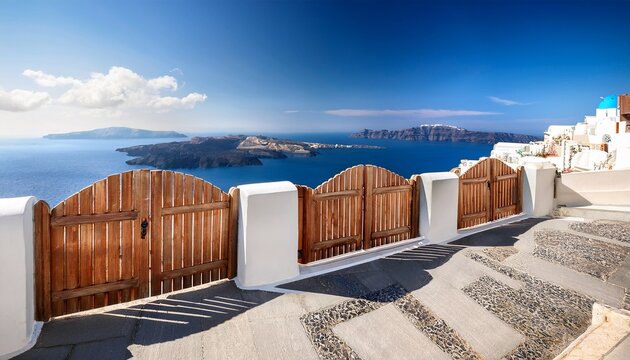 street and wooden gates against volcano caldera beautiful details of santorini island greece