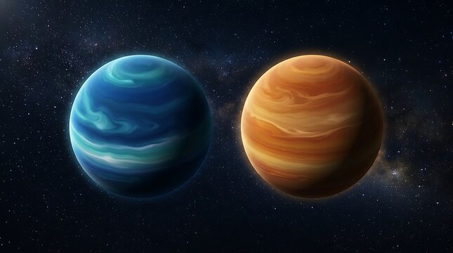 Two gas giant exoplanets side by side in deep outer space with stars background illustration