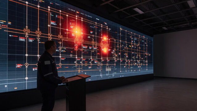 Control room operator digital interface network map data visualization cyber security large screen technology monitoring dark room Industrial control Substation digital twin interface concept