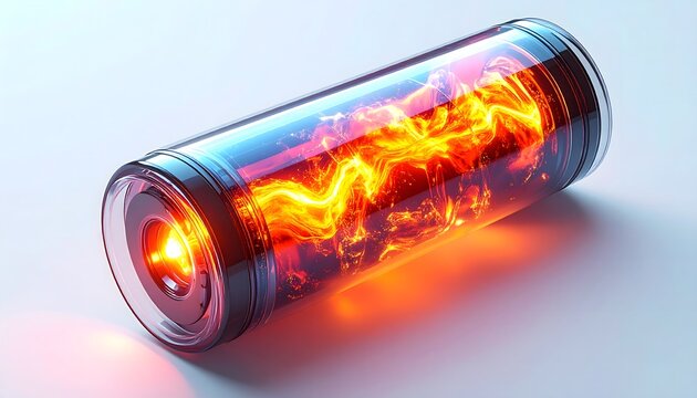 High energy lithium ion battery cell with glowing plasma fusion core interior for futuristic clean power storage technology and advanced industrial sustainable electricity solutions