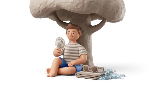 Summer Heat - 3D Cartoon Boy Sitting Under Tree Shade Holding Portable Fan with Sunglasses and Water