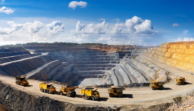 the industrial site at the openpit mine is bustling with yellow mining trucks and heavy machinery on a sunny day
