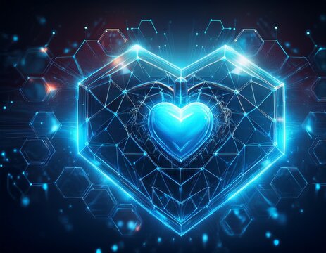 glowing blue polygonal heart in luminous hex frame surrounded by hexes floating light particles on dark bg futuristic med tech visualization