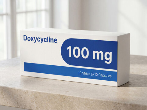 A box of Doxycycline 100 mg antibiotic capsules
