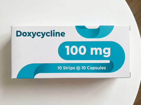 A box of Doxycycline 100 mg antibiotic capsules