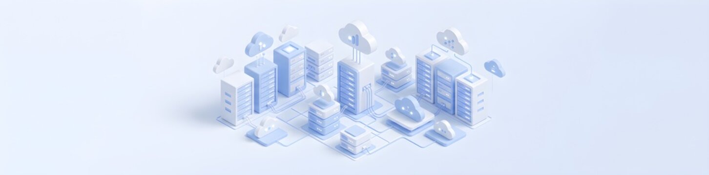 Isometric 3d illustration of cloud computing network architecture featuring data center server racks connected to floating digital cloud symbols. Ideal for technology concepts.