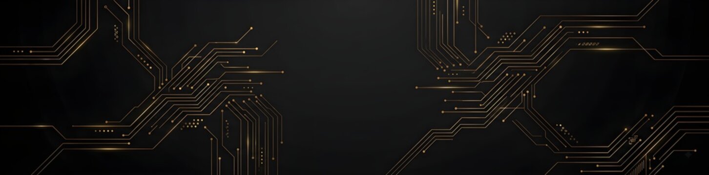 Premium abstract digital technology banner featuring intricate glowing gold circuit board lines on a sleek dark background. Perfect for modern fintech, artificial intelligence, and cybersecurity.