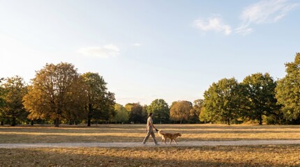 Fototapeta premium Young man walking golden retriever dog on leash in autumn park at sunset, peaceful lifestyle activity, outdoor leisure time in nature, golden hour scenery, companionship concept