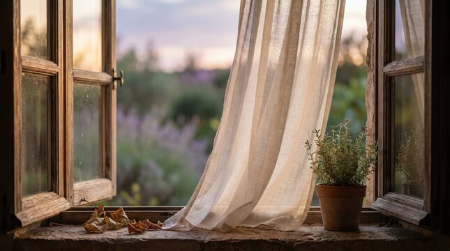 Open rustic window with sheer curtain and potted herb at sunset, cozy home interior background with blurred garden view, peaceful cottage atmosphere for lifestyle design