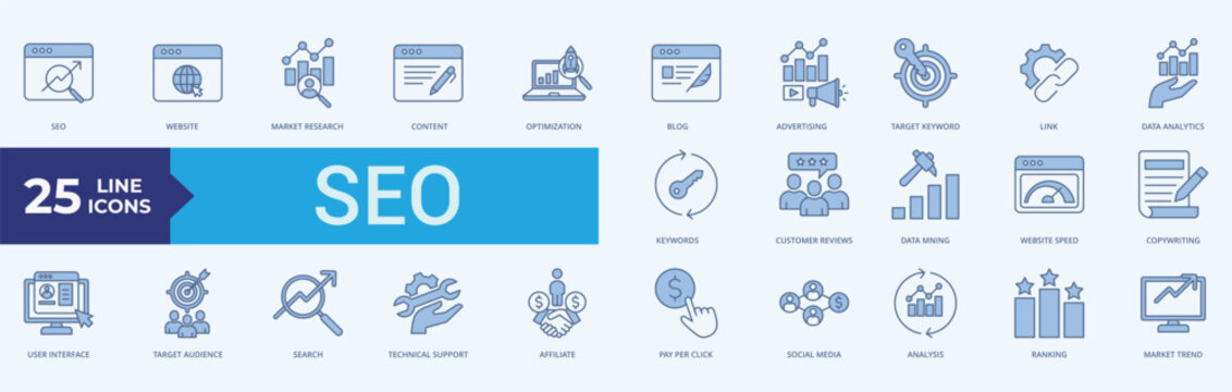 SEO Icon Set Illustration Vector Blue Line Style