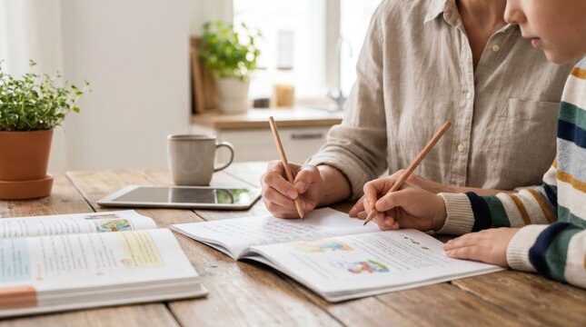 Mother helping young elementary school boy with homework at home, parent teaching son writing in notebook, homeschooling education concept, cozy wooden table setting
