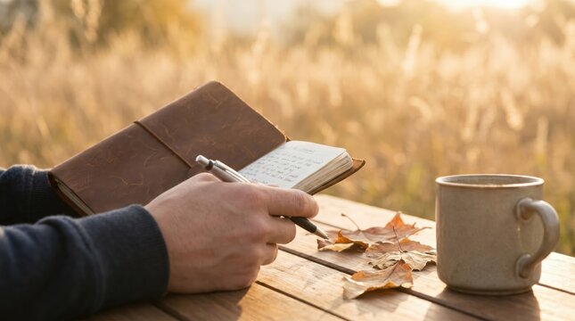 Young adult male writing in leather journal outdoors during autumn sunset, reflective journaling concept for mental health, mindfulness, and creative writing lifestyle