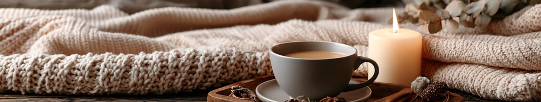 Cozy neutral knitted blankets with cup of tea, lit candle and dried botanicals on a wooden tray