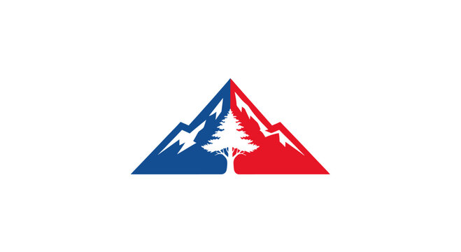 Mountain peak and pine tree adventure logo icon.