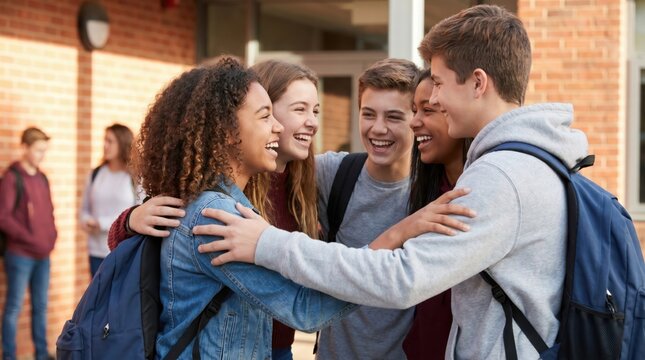 Diverse Group of Happy High School Students Hugging and Laughing Outside School Building, Teenagers Friendship and Back to School Concept