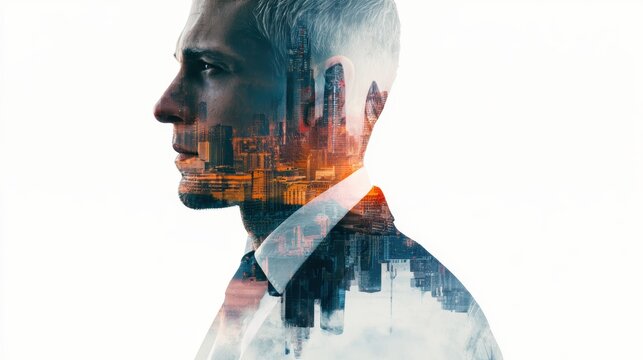 Double exposure photography of business man and the beautiful London city, business, professional, suit, office, thinking, executive, corporate, lifestyle, creative, smart, finance, job, future