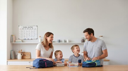 Naklejka premium Happy Caucasian family with young son and daughter preparing school lunch boxes and backpacks in a modern kitchen for morning routine and education preparation