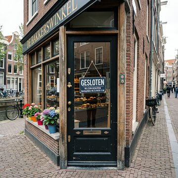 Closed Bakery Shop Corner, Amsterdam Canal Street, Brick Building, Flowers