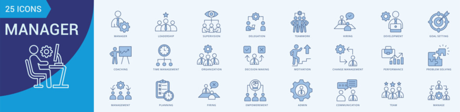 Manager Icon Set Illustration Vector Blue Line Style