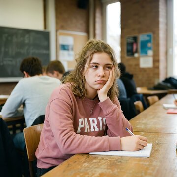 Bored Student Girl in Classroom During Lesson