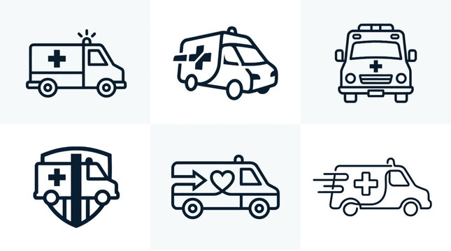 Set of six black line ambulance and medical emergency vehicle icons, including shield and speed motion symbols, on a white background.