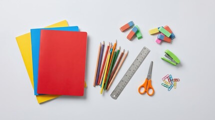 Fototapeta premium Flat Lay School Supplies Set with Colorful Notebooks Pencils and Stationery Accessories on White Background for Education Back to School Concept
