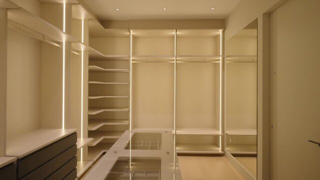 Walk in closet with built in shelves and drawers is lit by soft vertical LED strips. Glass island adds space and style. Design feels clean, modern, and organized.