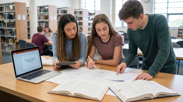 Diverse University Students Collaborating on Academic Research Project in Library Study Group Session with Laptop and Diagrams for Higher Education Learning Concept
