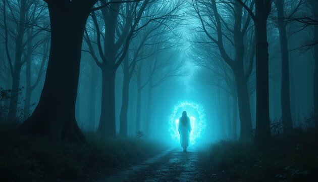 Glowing silhouette stands on path in dark forest. Blue light emanates from mysterious figure inside misty woods. Ethereal entity walks towards bright magical portal among tall black trees. Night