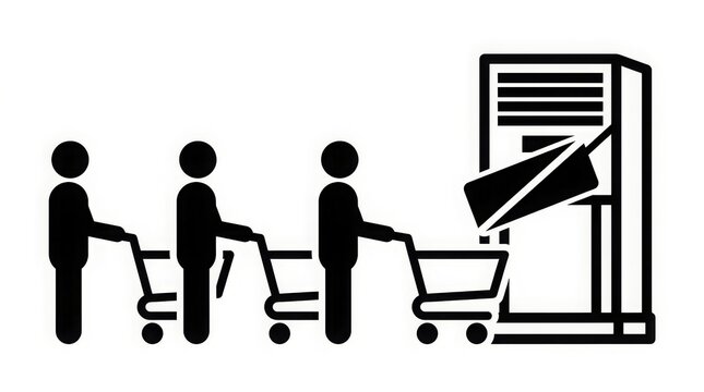 Shopping - Three Stick Figure Customers Standing in Line with Shopping Carts at Self Checkout Kiosk