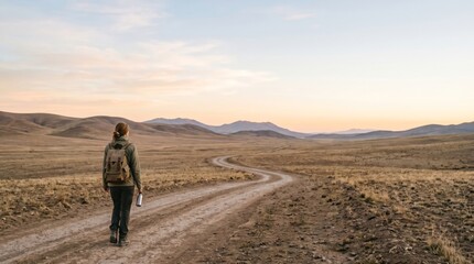 Obraz premium Young woman hiking on a remote dirt road in a vast arid landscape at sunset, representing adventure, solitude, exploration, and freedom in nature