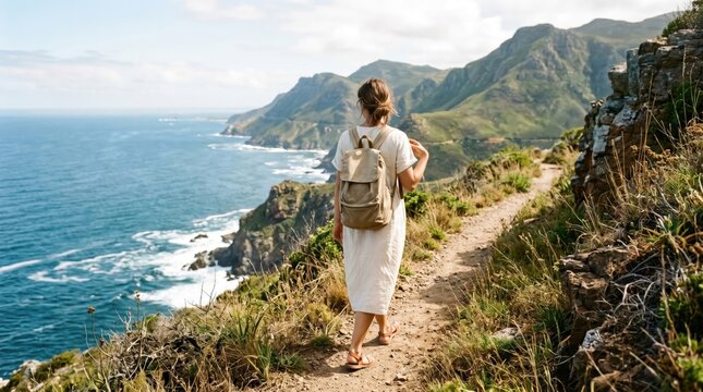 Young woman hiking on coastal cliff path overlooking ocean, solo female traveler exploring scenic mountain trail, adventure travel concept, outdoor lifestyle photography