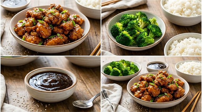 Flame- general tso chicken served in a bowl with steamed white rice and fresh steamed broccoli on a rustic wooden table for a delicious meal concept