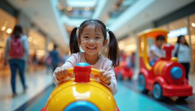 Happy Asian girl sits on small colorful train ride inside shopping mall. Smiling child enjoys play area amusement during weekend family leisure time. Little kid holds steering wheel of attraction