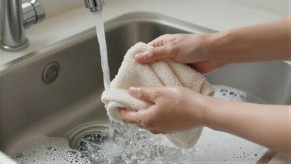 Fototapeta premium Hands rinse a towel under running water in a stainless steel sink.
