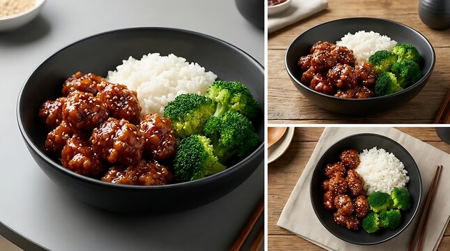 A close-up of a delicious bowl of flame- general tso chicken served with steamed white rice and fresh steamed broccoli florets in a black ceramic bowl