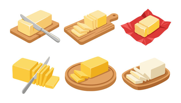 Set of butter and margarine blocks showing sliced pieces on wooden cutting boards with kitchen knives