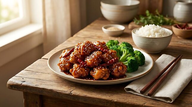 A delicious plate of flame- general tso chicken served with steamed white rice and fresh broccoli florets on a rustic wooden table in a home kitchen setting