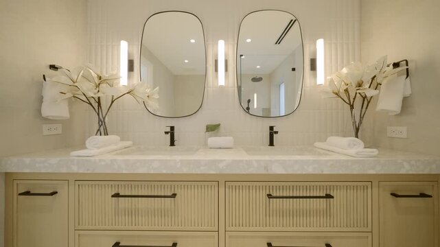 Bathroom looks clean and cozy with soft beige vanity and black faucets. Oval mirrors and flowers add calm touch. Light tones and smooth lines make space feel fresh